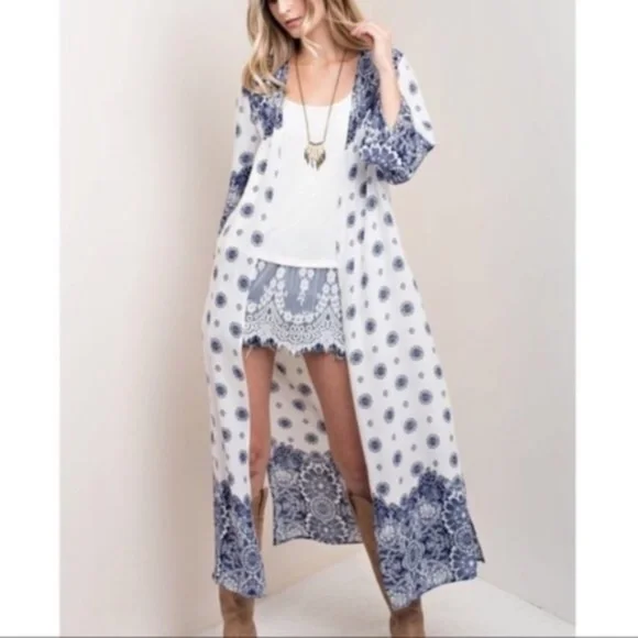 Boho floral print side slit Duster kimono cover up - Picture 4 of 5